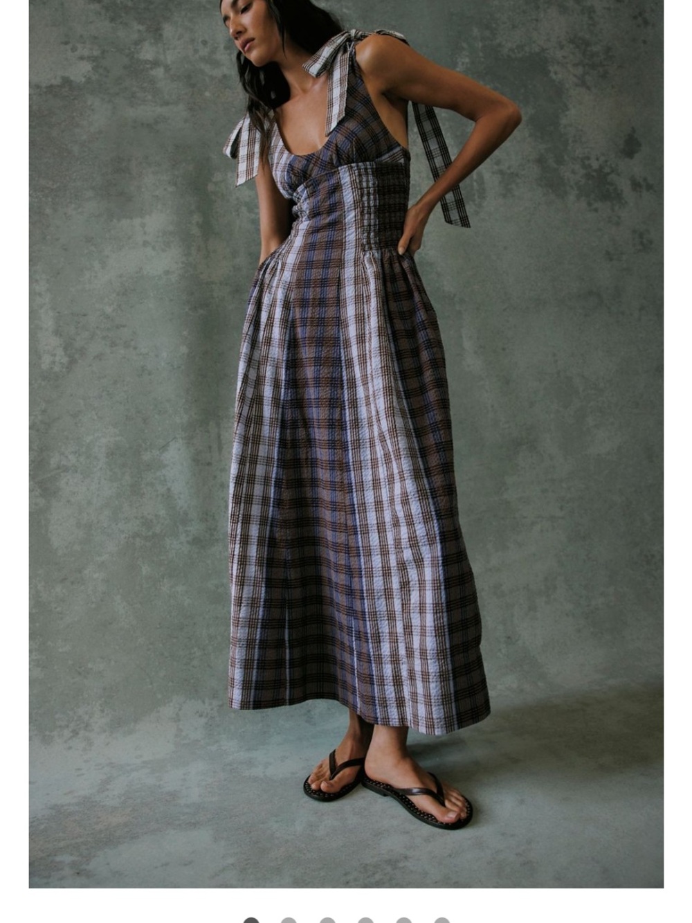 Nwt $168 Free People Sunray Plaid Tie-Shoulder Midi Dress in Blue and Brown xs